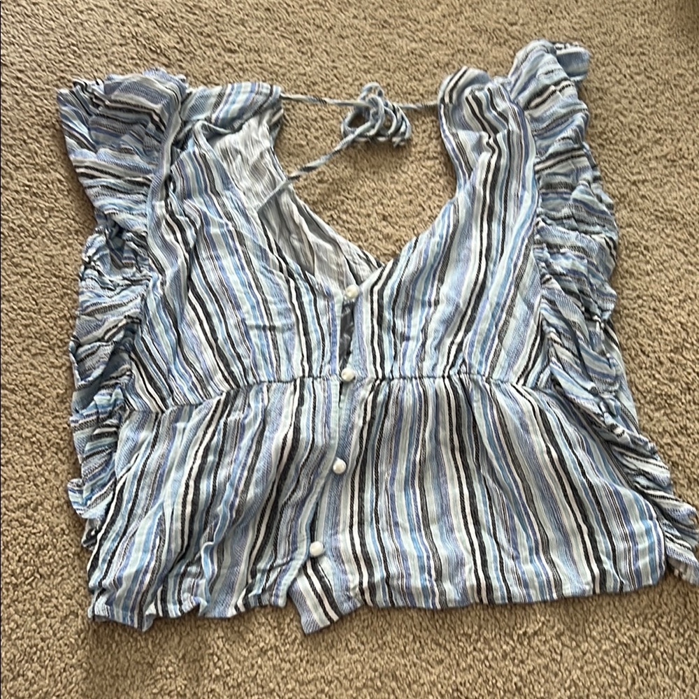 Altar'd State White and Blue Ruffled Blouse